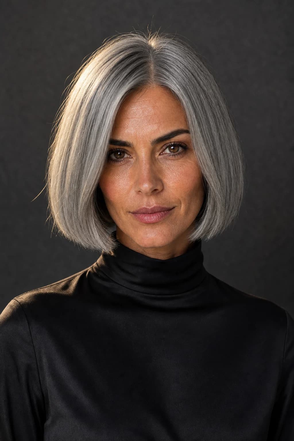 Silver fox bob editorial — aceptación signature intencional