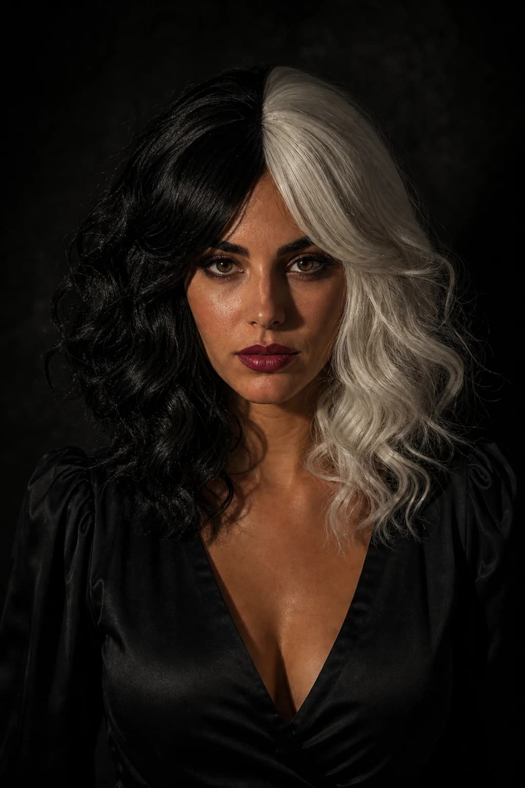 Cruella half black half white — peluca cosplay-grade dual color spray