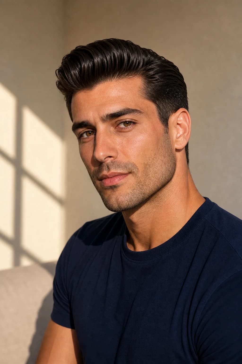 Pompadour clásico hombre cara ovalada — volumen vertical signature histórico