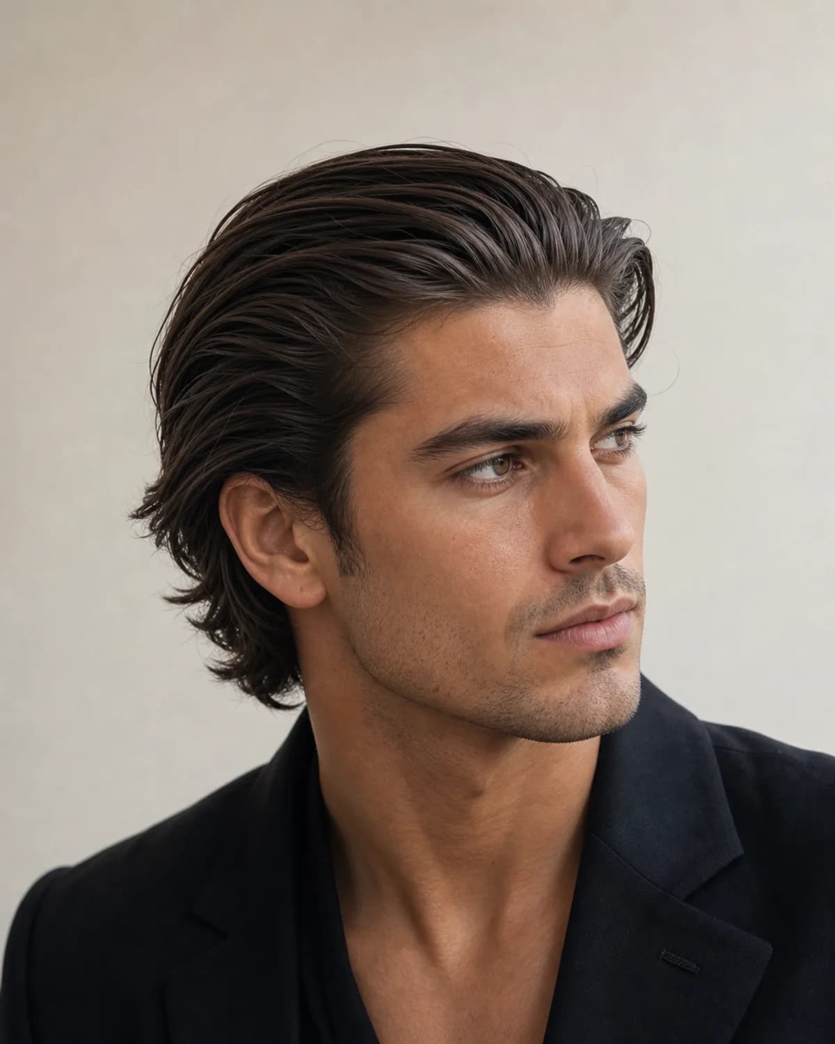 Largo medio peinado atrás — Taper fade en pelo liso