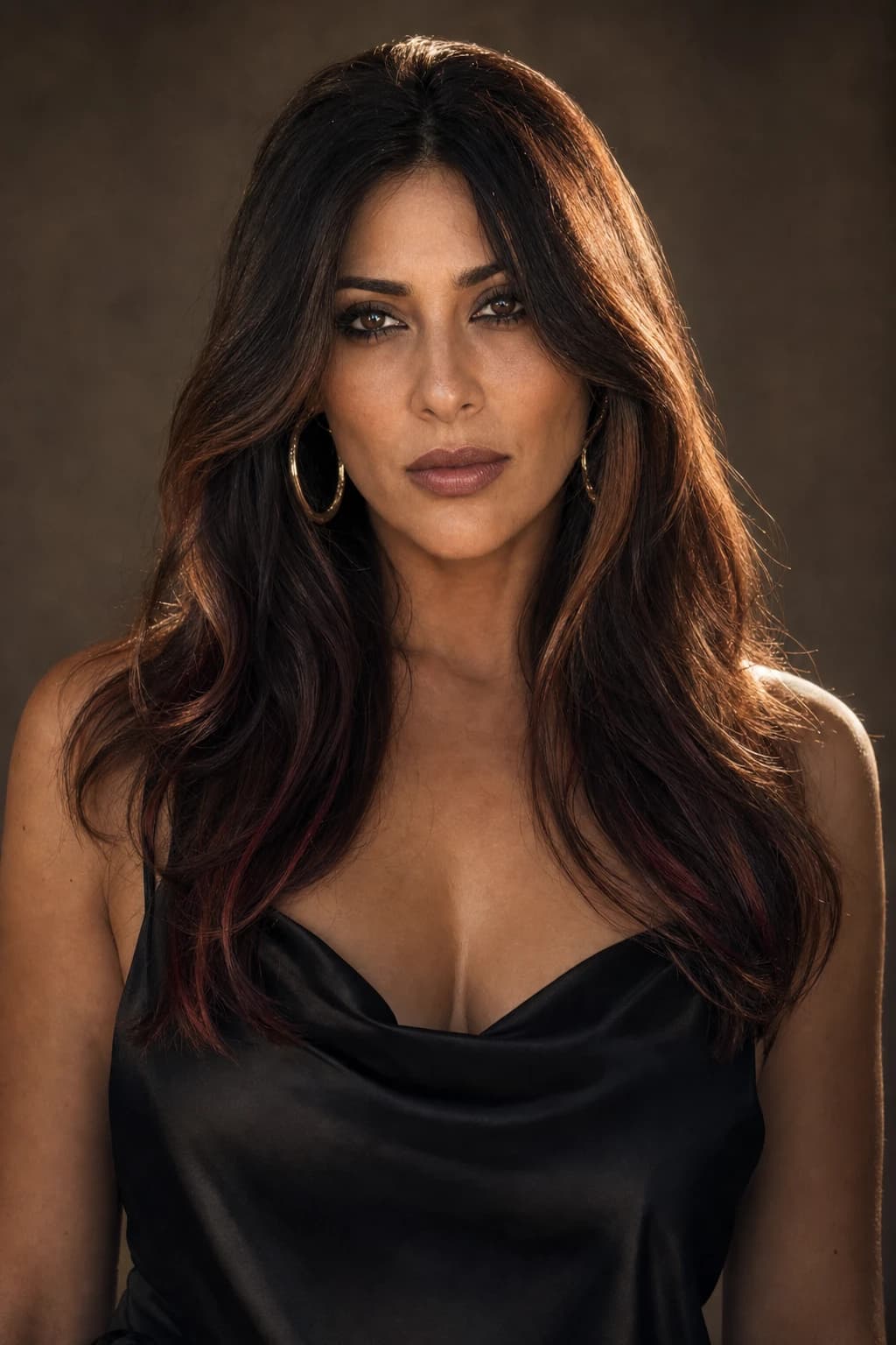 Brunette dimensional balayage cobre cálido cherry integrado