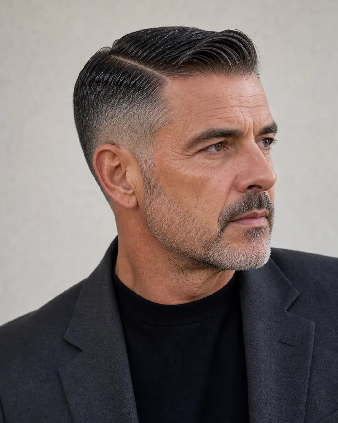 Taper fade corto + side part — Crop hombre moderno