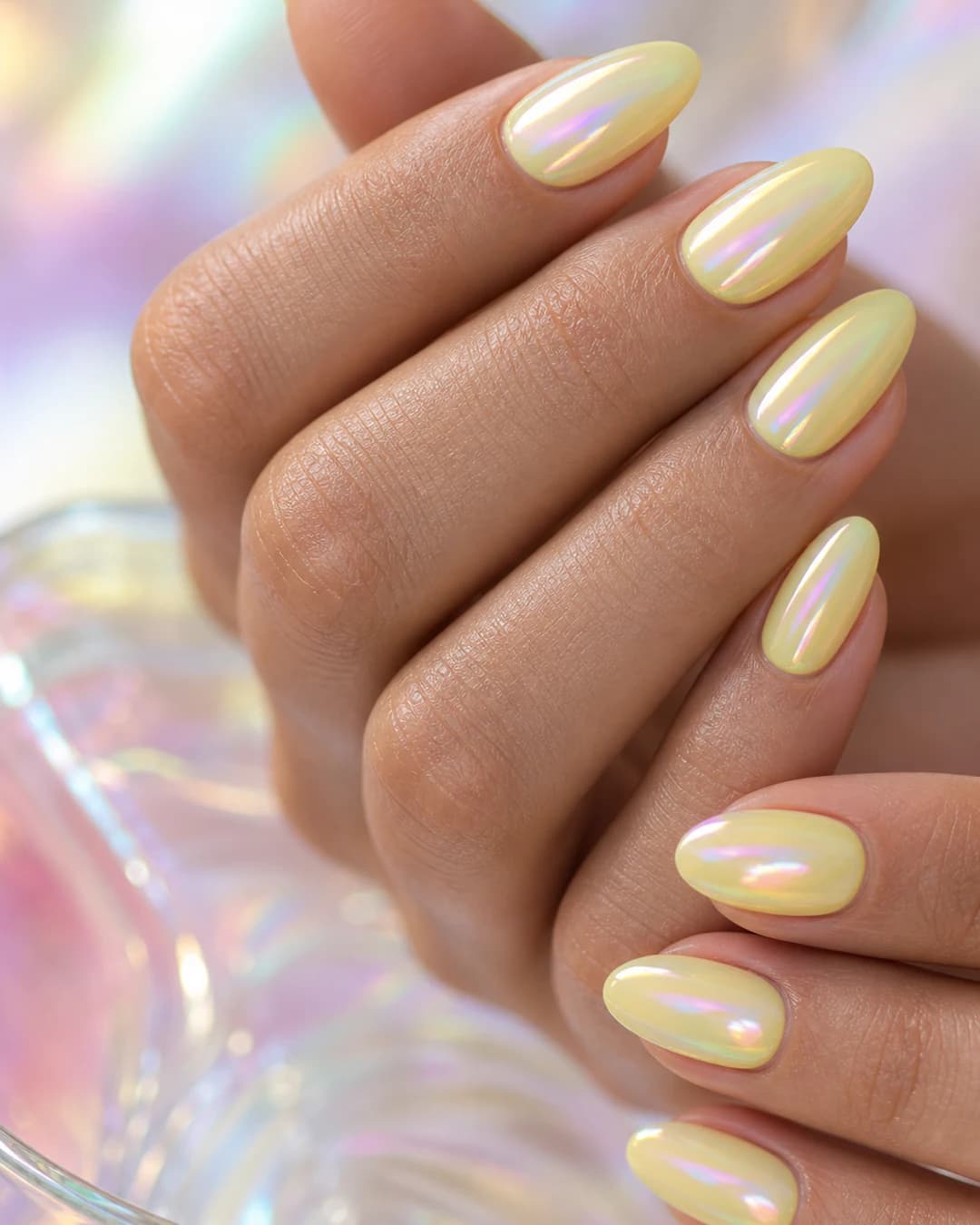 Uñas amarillo mantequilla con candy shell chrome iridiscente lemon drop