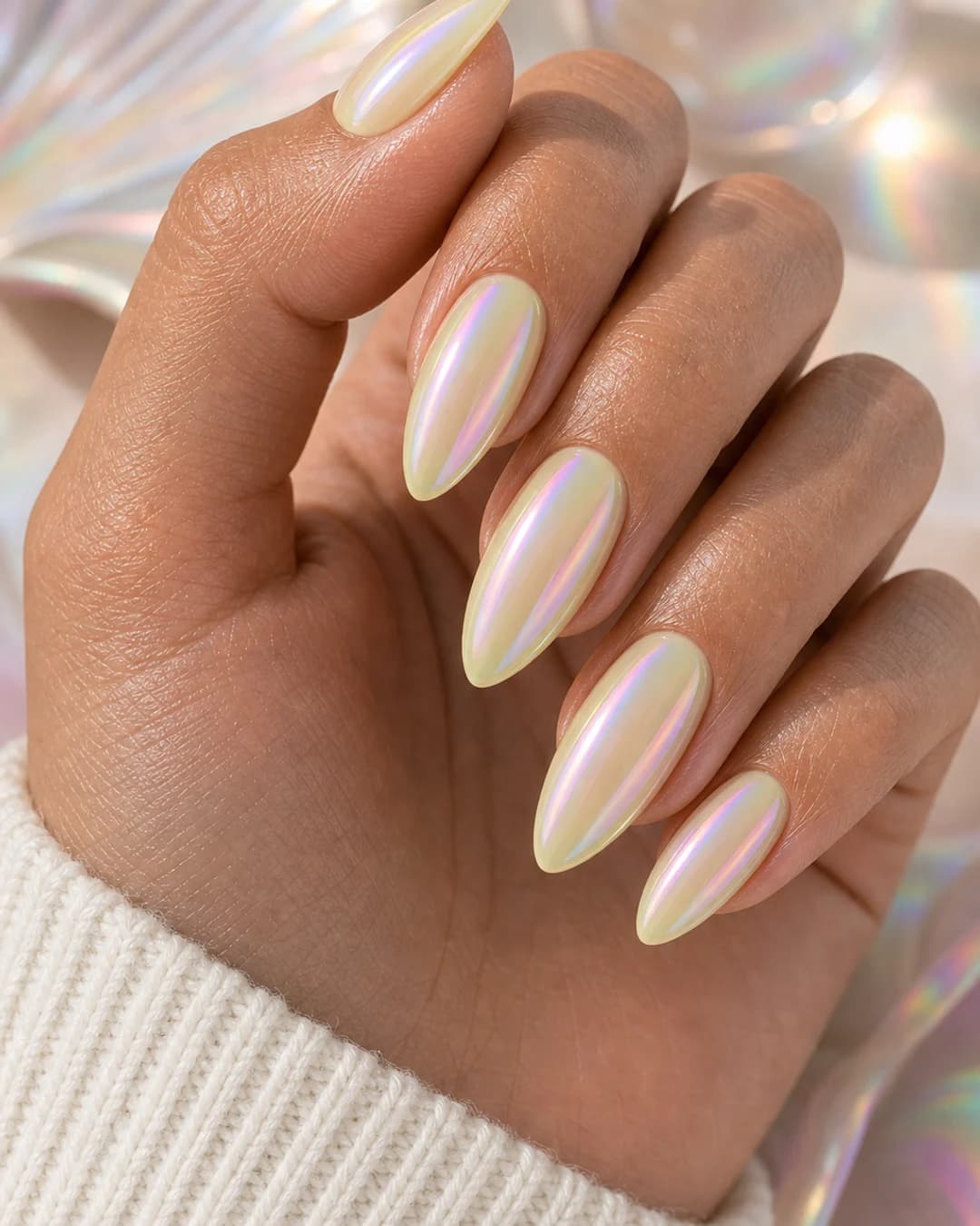 Uñas con chrome iridiscente candy shell efecto sirena arcoiris sobre pastel
