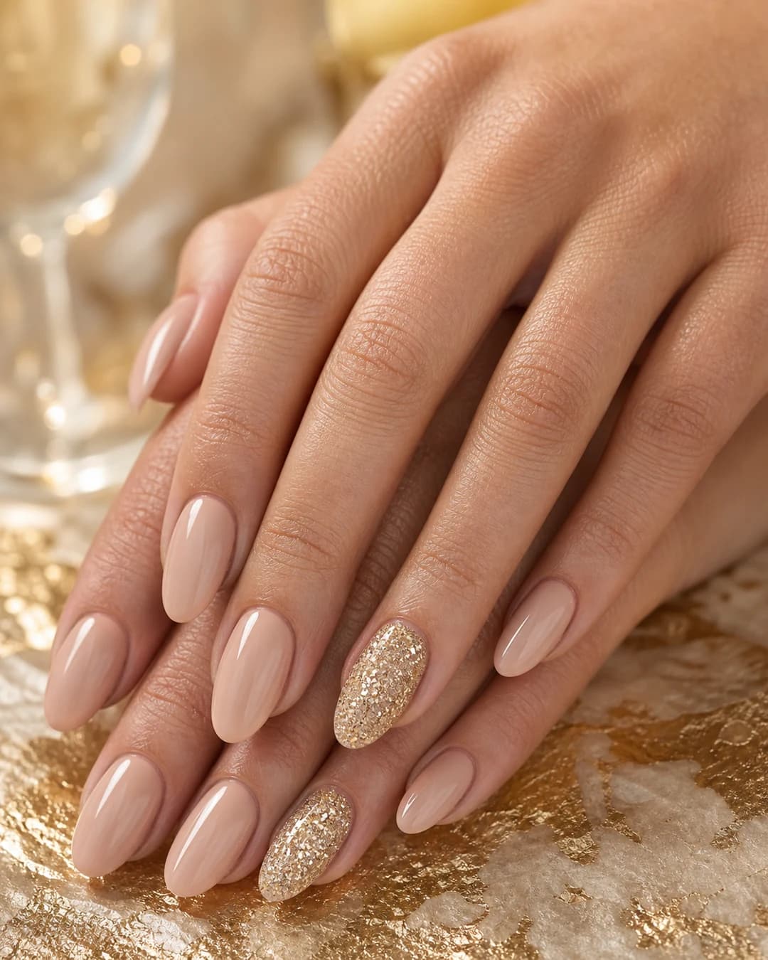 Uñas almendradas medias con dip powder nude y dos uñas anulares en dip powder glitter dorado denso