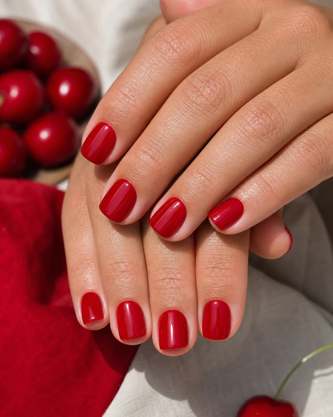 Uñas cortas cuadradas soft con dip powder rojo cereza saturado acabado glossy denso