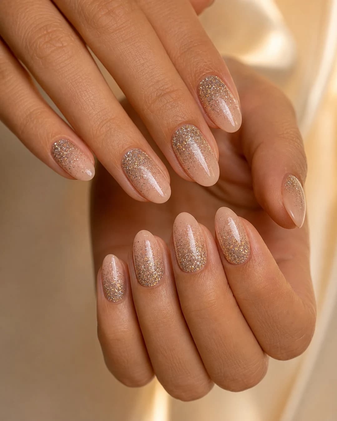 Uñas almendradas con degradado de glitter desde la cutícula hasta las puntas en tonos plata y oro