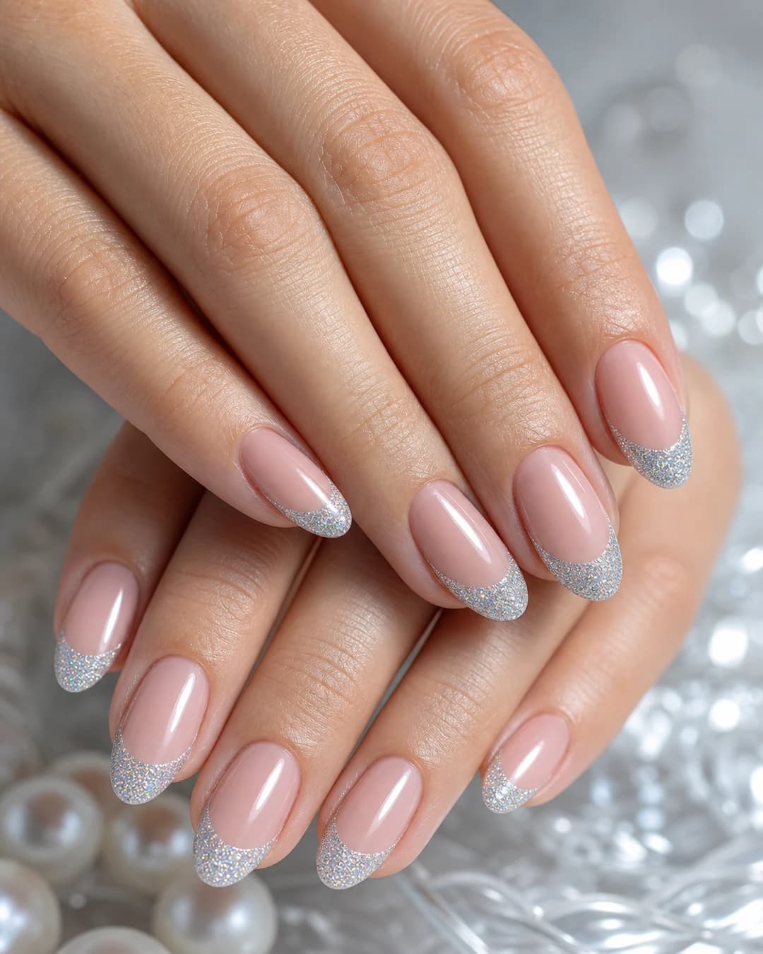 Uñas almendradas con francesa de glitter plateado holográfico sobre base nude rosado