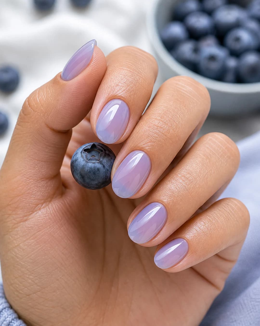 Uñas cortas en azul lavanda jelly translúcido blueberry milk