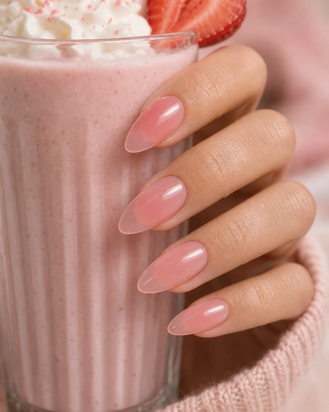 Uñas en rosa pálido jelly translúcido tipo strawberry milk pasteles