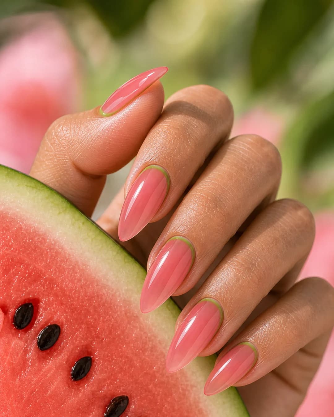 Uñas jelly tipo sandía: rosa translúcido con borde verde discreto