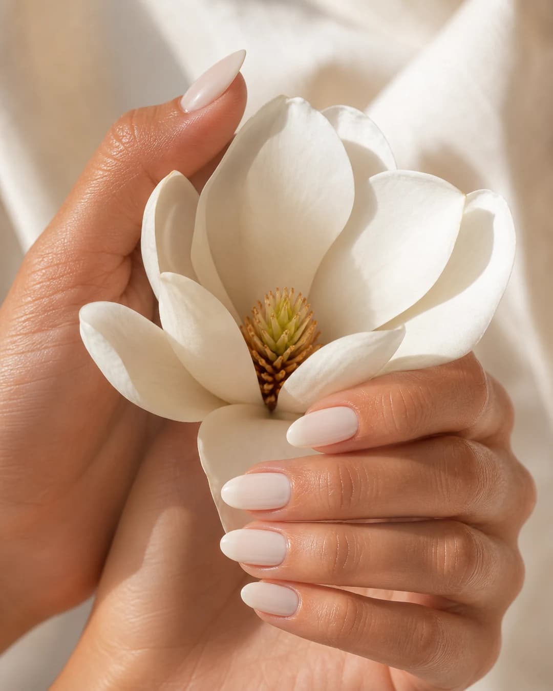 Translucent milky Cloud Dancer nails styled with a magnolia flower