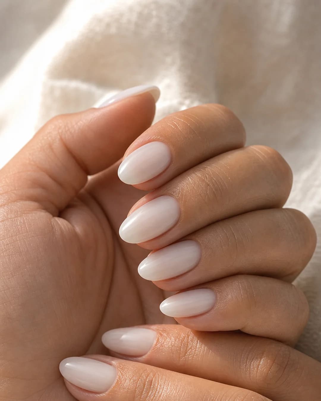 Almond nails with translucent milky Cloud Dancer 2026 finish