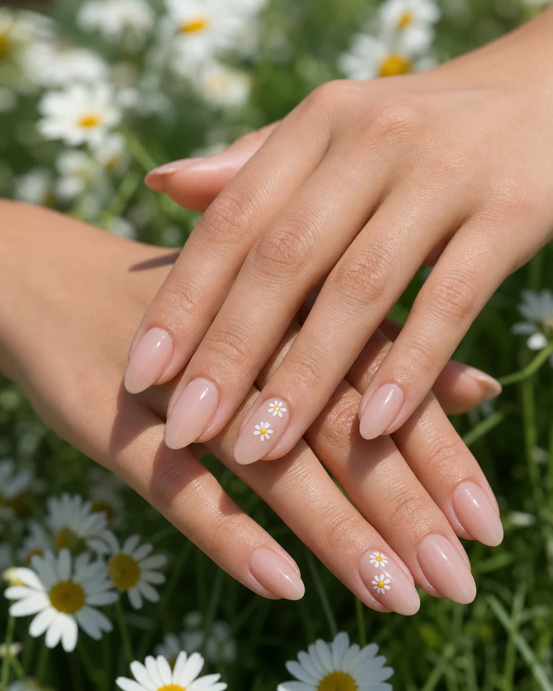 Uñas almendradas con base nude y margaritas pintadas a mano en el anular blanco con centro amarillo