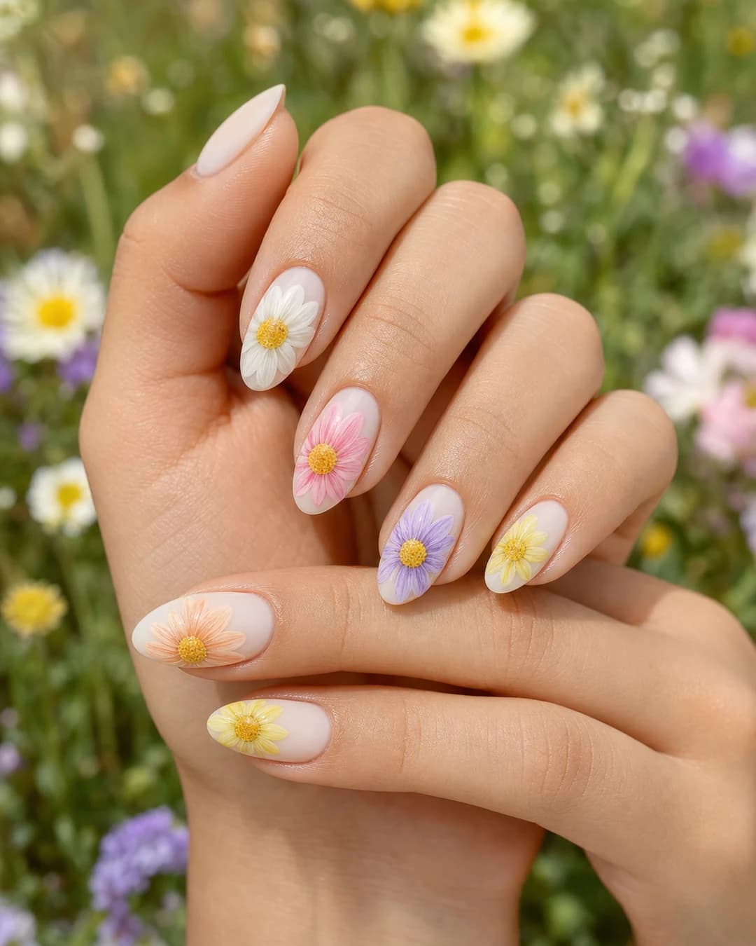 Uñas almendradas con una margarita única distinta pintada en cada una sobre base milky