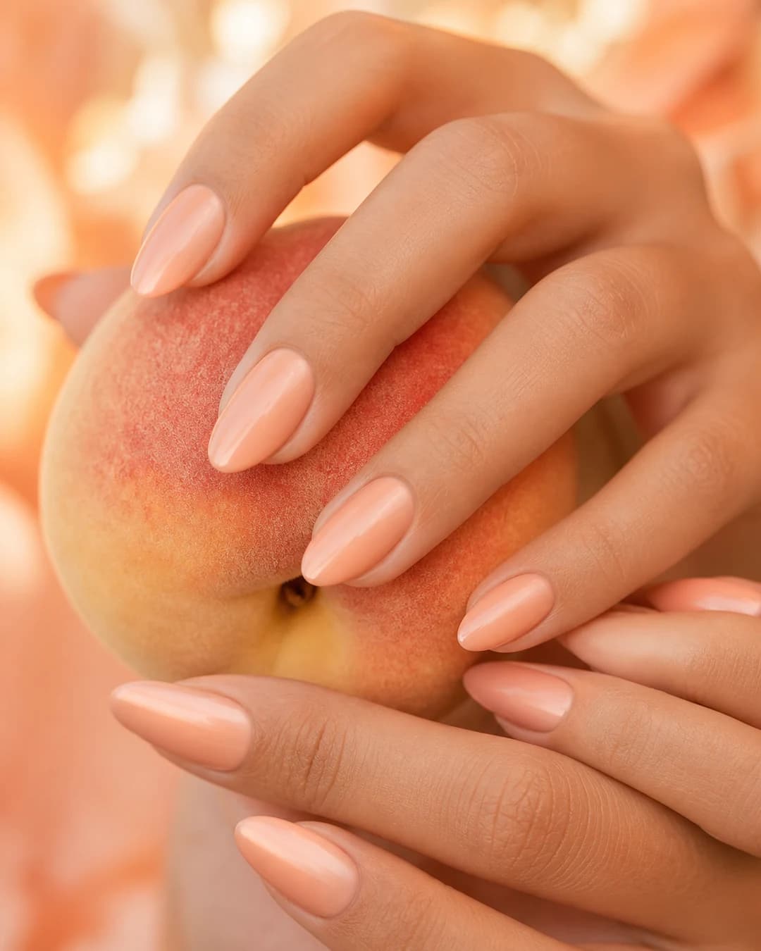 Uñas en pastel melocotón peach fuzz con fruta