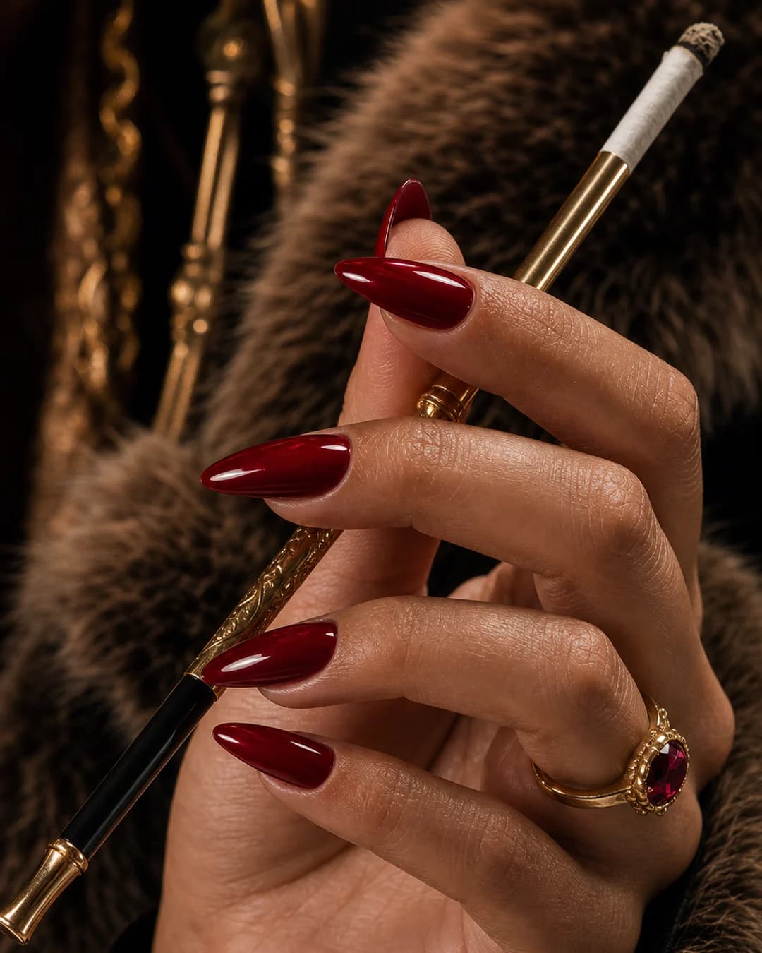 Uñas almendradas largas en rojo cereza lacado alto brillo estilo mob wife