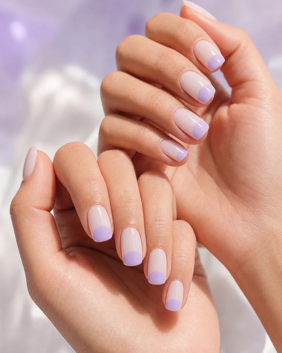 Press-on cortos cuadrada soft con bubble french pastel lavanda aplicación rápida