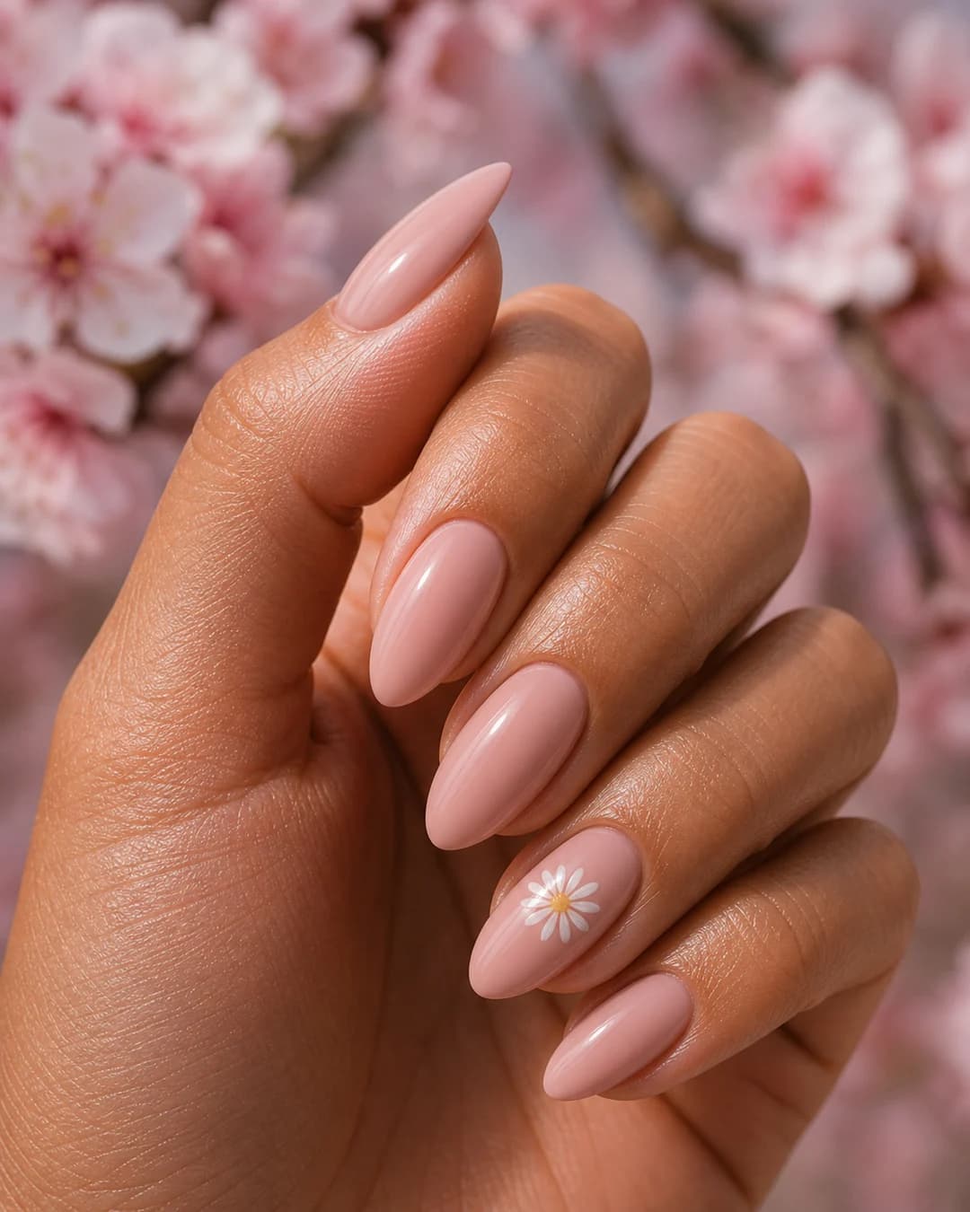 Uñas nude con una flor pintada a mano en el anular para primavera