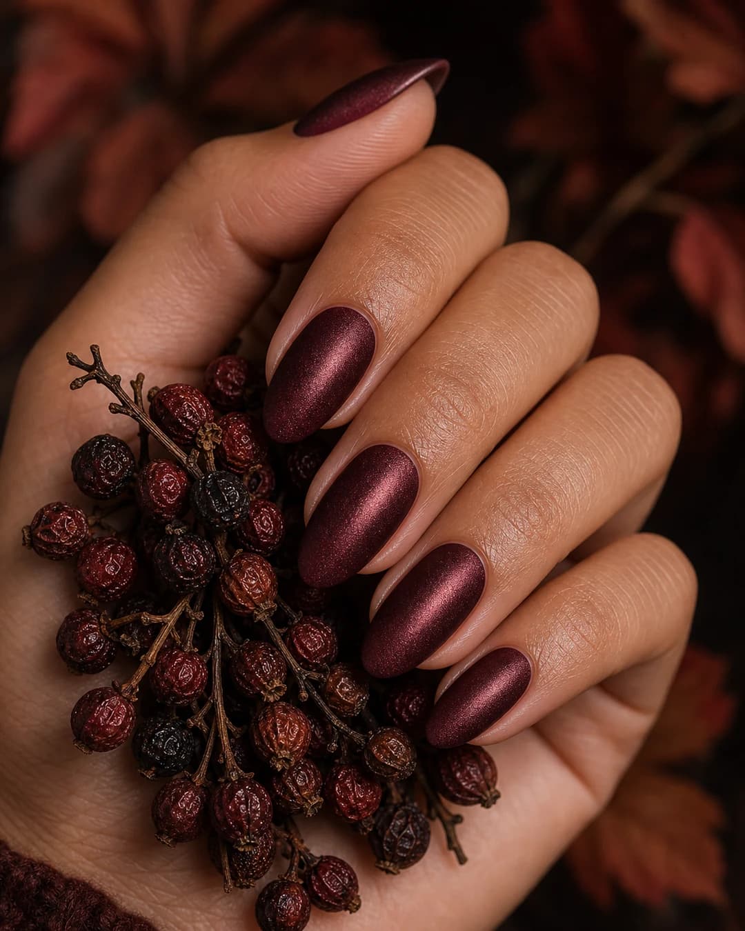 Uñas terciopelo velvet burdeos profundo magnético otoñal