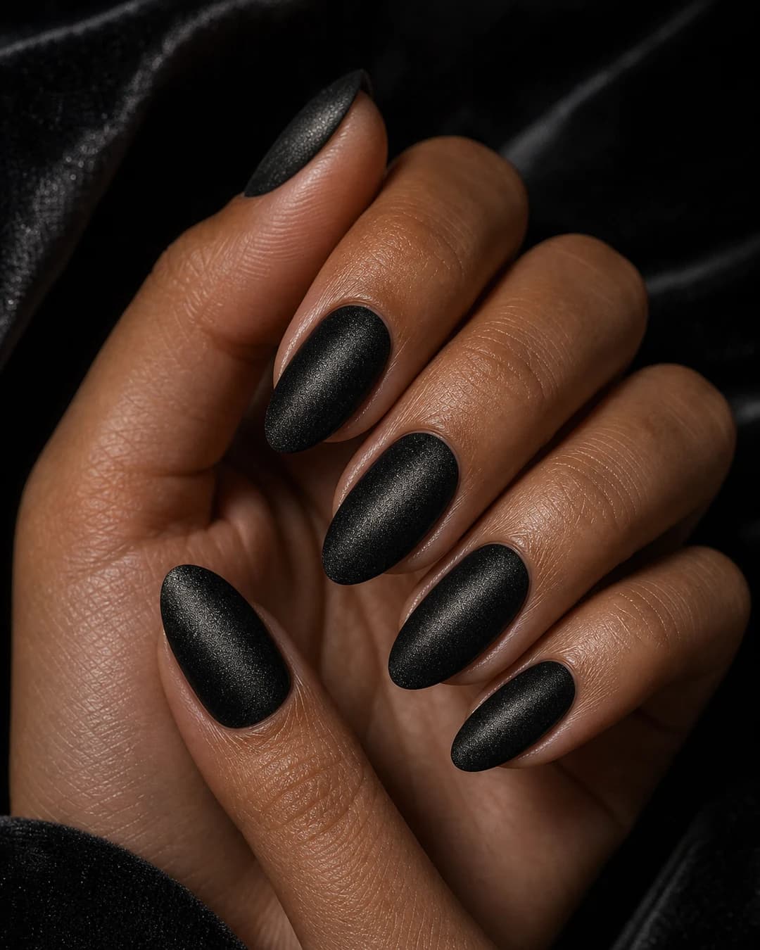Uñas terciopelo velvet negro con reflejo direccional sutil evento
